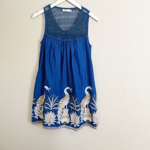 ADA KAMARA Women’s Blue Crochet Yoke Peacock Embroidery Dress Sleeveless Size M